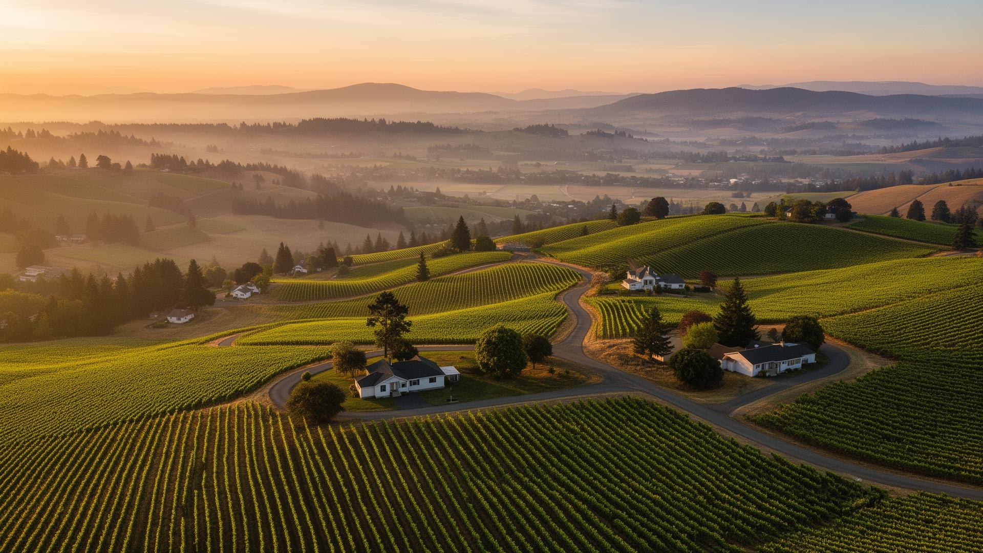 Willamette Valley vineyards at golden hour